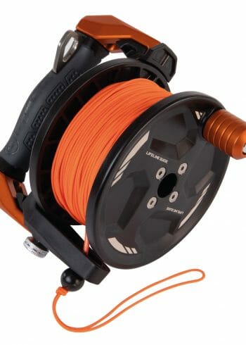 Apeks Lifeline Guide Reel in orange from the right