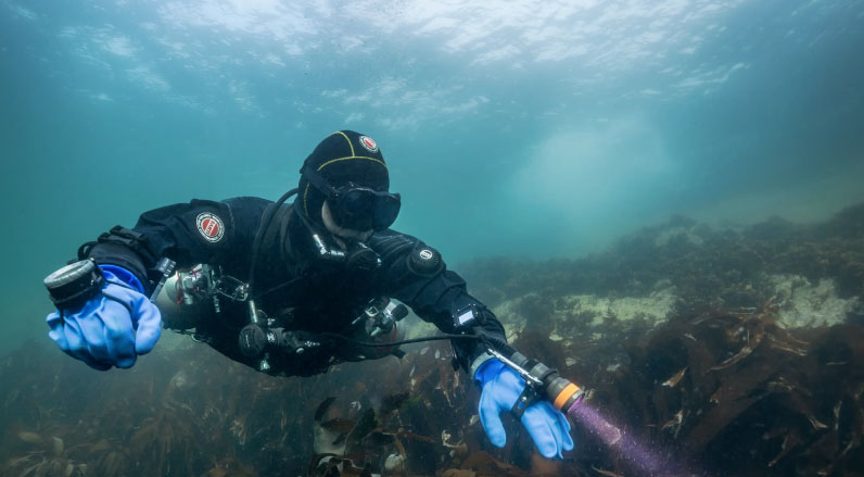 Scuba diver with bright diving torch
